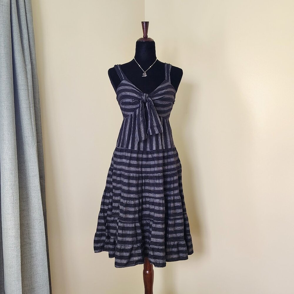 Black & White Striped Cotton AZOE Peephole Bust Sleeveless Midi Summer Dress - M